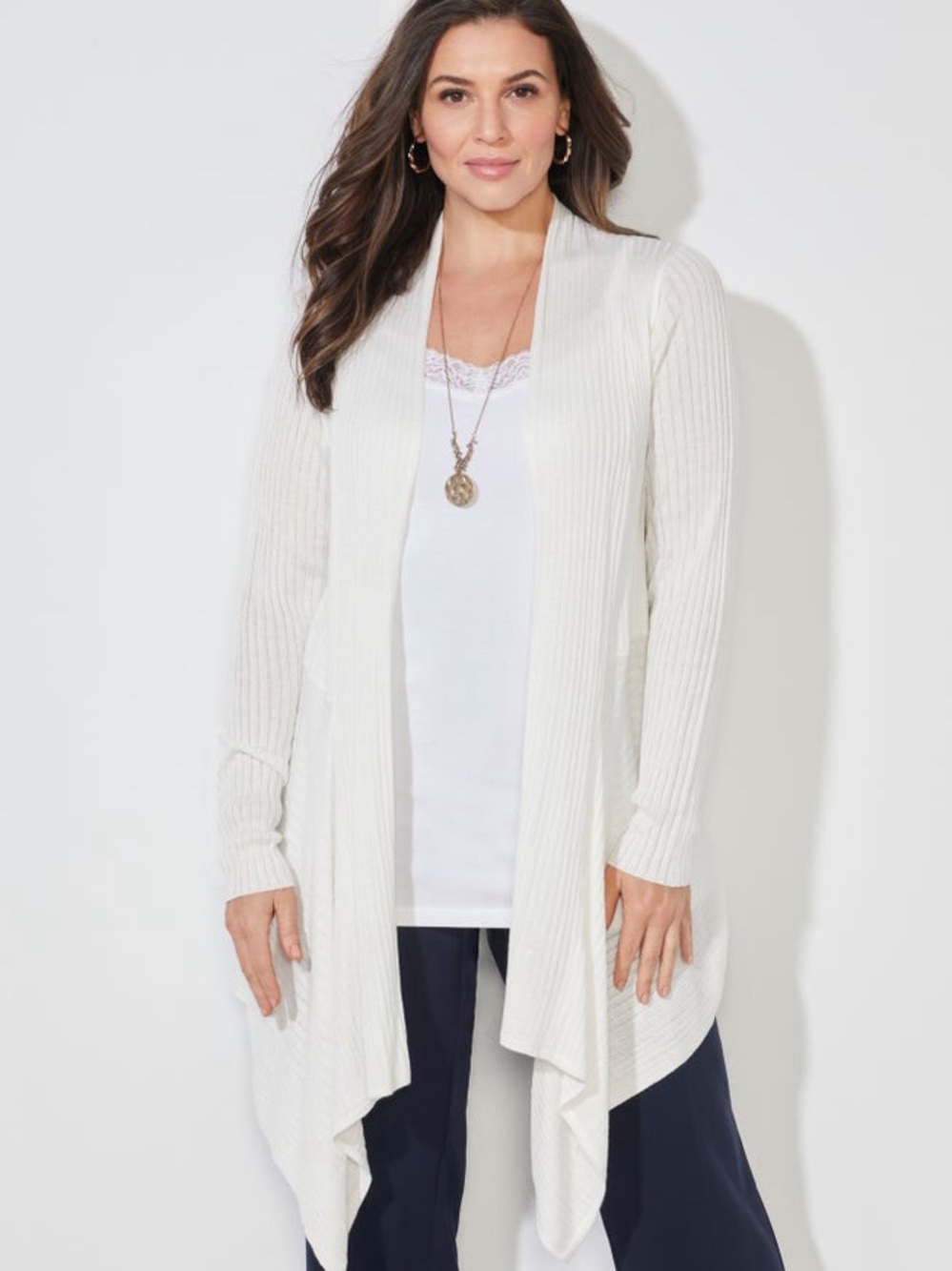 Catherines Cream Ribbed Open-Front Drape Cardigan - Picture 2 of 3